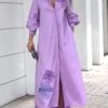 Women's Shirt Dress Casual Dress Shift Dress Maxi Long Dress Outdoor Office Daily Cotton Fashion Modern Shirt Collar Button Pocket 3/4 Length Sleeve Summer Spring Fall 2023 Loose Fit Purple Floral S
