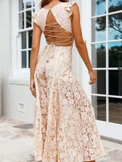 Women's Jumpsuit Lace Ruffle Solid Color V Neck Party Wedding Dressy Street Daily Wide Leg Regular Fit Sleeveless Apricot XS S M Summer -Cheap Plus Fit Dress Store iimwhw1690449266084