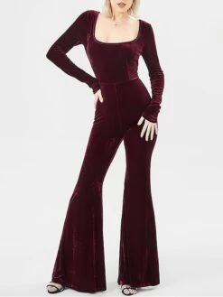 Women‘s Jumpsuit High Waist Velvet Disco Queen Wedding Solid Color U Neck Daily Regular Fit Long Sleeve Wine Navy Blue S M L Fall -Cheap Plus Fit Dress Store iioxjn1693388141508