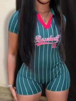 Women's Romper Baseball Workout Bodysuit Print Letter Shirt Collar Active Sport Daily Regular Fit Short Sleeve Black White Yellow XS S M Summer Fall Gym