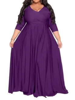 Women‘s Plus Size Curve Party Dress Pure Color V Neck 3/4 Length Sleeve Fall Spring Elegant Maxi Long Dress Party Evening Party Dress -Cheap Plus Fit Dress Store ijbtyj1672020373536
