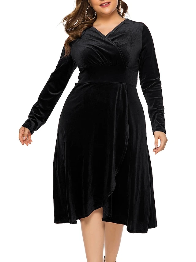 Women's Plus Size Curve Party Dress Velvet Dress Sheath Dress Solid Color Midi Dress Long Sleeve Ruched Patchwork V Neck Fashion Wedding Deep Green Black Spring Fall XL XXL 3XL 4XL 5XL 4 Women's Plus Size Curve Party Dress Velvet Dress Sheath Dress Solid Color Midi Dress Long Sleeve Ruched Patchwork V Neck Fashion Wedding Deep Green Black Spring Fall XL XXL 3XL 4XL 5XL - Image 4