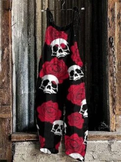 Women's Jumpsuit Halloween Print Print Crew Neck Holiday Party Going Out Straight Loose Fit Strap Black Red Orange S M L All Seasons