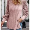 Women's Shirt Blouse Pink Plain Lace Long Sleeve Casual Fashion V Neck Regular Fit Fall & Winter