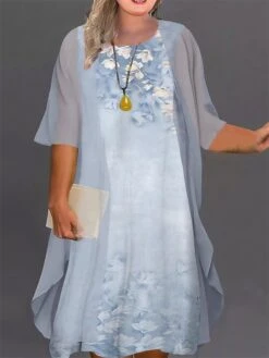 Women‘s Plus Size Curve Casual Dress Floral Crew Neck Print Half Sleeve Spring Fall Work Casual Knee Length Dress Daily Vacation Dress