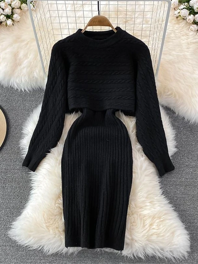 Women's Two Piece Dress Set Casual Dress Sheath Dress Outdoor Daily Fashion Streetwear Ruched Midi Dress Crew Neck Long Sleeve Plain Loose Fit Black White Wine Fall Winter One-Size 3 Women's Two Piece Dress Set Casual Dress Sheath Dress Outdoor Daily Fashion Streetwear Ruched Midi Dress Crew Neck Long Sleeve Plain Loose Fit Black White Wine Fall Winter One-Size - Image 3