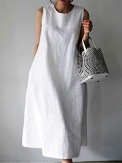 Women's Casual Dress Cotton Linen Dress Shift Dress Maxi Long Dress Cotton Blend Casual Daily Vacation Crew Neck Pocket Sleeveless Summer Spring Boom Sale Dress Loose Fit White Pure Color S M L XL XXL