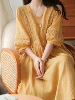 Women's Casual Dress Cotton Linen Dress Swing Dress Midi Dress Cotton Blend Basic Casual Outdoor Daily V Neck Ruched 3/4 Length Sleeve Summer Spring 2023 Loose Fit Black White Yellow Pure Color M L -Cheap Plus Fit Dress Store ilpcza1677135416079