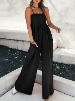 Women's Jumpsuits Casual Summer Pocket Red Solid Color Square Neck Streetwear Holiday Going Out Regular Fit Strap Black White S M L -Cheap Plus Fit Dress Store ilzyed1685344293555