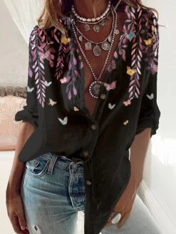 Women's Shirt Blouse Black Pink Blue Leaf Butterfly Button Print Long Sleeve Casual Daily Basic V Neck Regular Fit Floral Butterfly Spring Fall