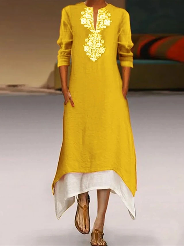 Women's Casual Dress Cotton Linen Dress A Line Dress Maxi Long Dress Cotton Blend Fashion Casual Outdoor Daily Split Neck Patchwork Pocket 3/4 Length Sleeve Summer Spring Fall 2023 Regular Fit Yellow 2 Women's Casual Dress Cotton Linen Dress A Line Dress Maxi Long Dress Cotton Blend Fashion Casual Outdoor Daily Split Neck Patchwork Pocket 3/4 Length Sleeve Summer Spring Fall 2023 Regular Fit Yellow - Image 2