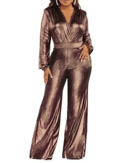 Women's Jumpsuit High Waist Maillard Sequin Solid Color V Neck Elegant Party Bar Regular Fit Long Sleeve Green Black Silver S M L Winter Cold Weather