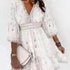 Women's Casual Dress Cotton Dress A Line Dress Mini Dress Cotton Fashion Modern Outdoor Daily Vacation V Neck Ruffle Embroidered 3/4 Length Sleeve Summer Spring Fall 2023 Regular Fit White Apricot