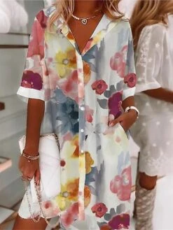 Women's Shirt Dress Casual Dress Shift Dress Mini Dress Outdoor Daily Vacation Polyester Fashion Modern Shirt Collar Button Pocket Half Sleeve Summer Spring 2023 Loose Fit Yellow Flower S M L XL XXL