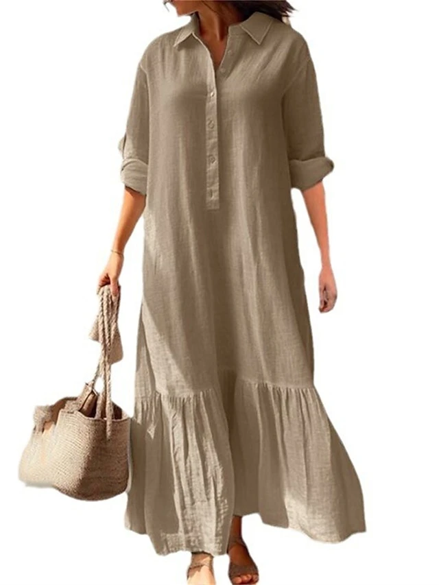 Women's Casual Dress Cotton Dress Swing Dress Maxi Long Dress Cotton Basic Classic Outdoor Daily Vacation Shirt Collar Ruched Button Long Sleeve Spring Fall Winter 2023 Loose Fit Blue Green Khaki 4 Women's Casual Dress Cotton Dress Swing Dress Maxi Long Dress Cotton Basic Classic Outdoor Daily Vacation Shirt Collar Ruched Button Long Sleeve Spring Fall Winter 2023 Loose Fit Blue Green Khaki - Image 4
