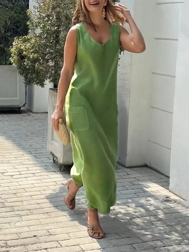 Women's Casual Dress Cotton Linen Dress A Line Dress Maxi Long Dress Linen / Cotton Blend Fashion Basic Outdoor Daily Vacation U Neck Ruched Sleeveless Summer Spring Fall 2023 Loose Fit Light Green 5 Women's Casual Dress Cotton Linen Dress A Line Dress Maxi Long Dress Linen / Cotton Blend Fashion Basic Outdoor Daily Vacation U Neck Ruched Sleeveless Summer Spring Fall 2023 Loose Fit Light Green - Image 5
