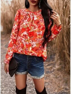 Women's Shirt Blouse Black Red Blue Graphic Floral Print Long Sleeve Casual Holiday Fashion Round Neck Regular Fit Floral Spring &Fall -Cheap Plus Fit Dress Store iocajk1694084753850