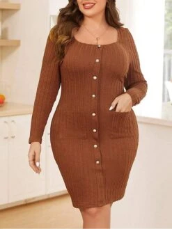 Women's Plus Size Party Dress Cocktail Dress Bodycon Mini Dress Brown Long Sleeve Pure Color Button Fall Winter Autumn Square Neck Fashion Winter Dress Vacation Fall Dress 2023 XL XXL 3XL -Cheap Plus Fit Dress Store iowcmi1693297314682