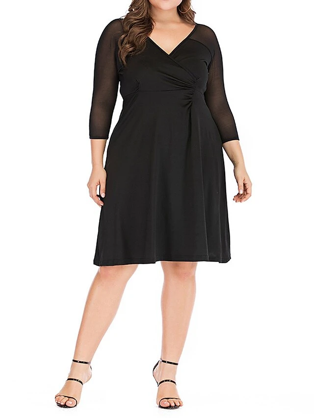 Women‘s Plus Size Curve Work Dress Black Dress Semi Formal Dress Fashion Midi Dress Mesh V Neck 3/4 Length Sleeve Plain Loose Fit Black Spring Fall XL XXL 3XL 4XL 5XL 6 Women‘s Plus Size Curve Work Dress Black Dress Semi Formal Dress Fashion Midi Dress Mesh V Neck 3/4 Length Sleeve Plain Loose Fit Black Spring Fall XL XXL 3XL 4XL 5XL - Image 6