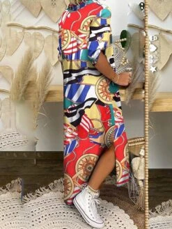 Women's Shirt Dress Swing Dress Maxi Long Dress Outdoor Daily Vacation Cotton Linen Stylish Modern Shirt Collar Split Print Short Sleeve Summer Spring 2023 Loose Fit Black Red Blue Geometric Letter -Cheap Plus Fit Dress Store ipnoyb1642499785999