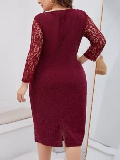 Women‘s Plus Size Curve Party Dress Lace Dress Cocktail Dress Midi Dress Wine Long Sleeve Pure Color Lace Spring Fall Winter Crew Neck Fashion Winter Dress Birthday Wedding Guest 2023 -Cheap Plus Fit Dress Store ipoygs1691999685446