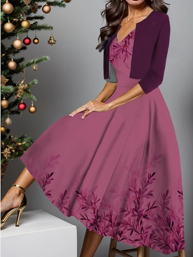 Women's Two Piece Dress Set Casual Dress Swing Dress Outdoor Daily Fashion Elegant Print Midi Dress V Neck Half Sleeve Floral Regular Fit Blue Purple Green Fall Winter S M L XL XXL 3 Women's Two Piece Dress Set Casual Dress Swing Dress Outdoor Daily Fashion Elegant Print Midi Dress V Neck Half Sleeve Floral Regular Fit Blue Purple Green Fall Winter S M L XL XXL - Image 3