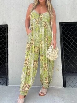 Women's Jumpsuit Pocket Print Print V Neck Streetwear Street Daily Regular Fit Sleeveless Yellow Red Blue S M L Summer -Cheap Plus Fit Dress Store iqliif1688621488815