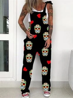 Women's Overall Halloween Skeleton Pocket Print Floral Square Neck Streetwear Daily Vacation Regular Fit Sleeveless Black White Yellow S M L Summer 9 Women's Overall Halloween Skeleton Pocket Print Floral Square Neck Streetwear Daily Vacation Regular Fit Sleeveless Black White Yellow S M L Summer -Cheap Plus Fit Dress Store iqlnxc1681730639451