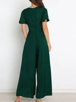 Women's Jumpsuit Ruffle Backless Solid Color V Neck Streetwear Street Daily Regular Fit Short Sleeve Green Wine Navy Blue S M L Spring / Bow -Cheap Plus Fit Dress Store irfhwb1647857553752