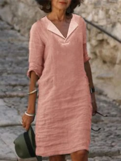 Women's Casual Dress Cotton Dress Shift Dress Midi Dress Cotton Blend Fashion Basic Outdoor Daily Vacation Shirt Collar Ruched Half Sleeve Summer Spring 2023 Loose Fit Black White Pink Pure Color S M -Cheap Plus Fit Dress Store irlabs1681809480905