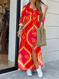Women's Shirt Dress Casual Dress Maxi Long Dress Outdoor Daily Polyester Fashion Hot Shirt Collar Button Split Long Sleeve Summer Spring Fall 2023 Regular Fit Light Pink Pink Wine Floral Geometric S -Cheap Plus Fit Dress Store irmxpx1689055233625