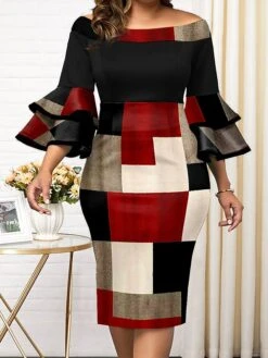 Women‘s Plus Size Curve Work Dress Bodycon Sheath Dress Plaid Midi Dress 3/4 Length Sleeve Backless Crew Neck Fashion Office Red Fall Spring XL XXL 3XL 4XL 5XL
