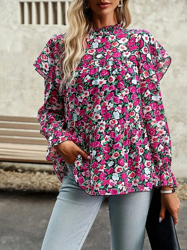 Women's Black Yellow Pink Heart Print Long Sleeve Work Elegant & Luxurious Boat Neck Form Fit Floral Fleece Lined Bell Sleeve Spring & Summer 5 Women's Black Yellow Pink Heart Print Long Sleeve Work Elegant & Luxurious Boat Neck Form Fit Floral Fleece Lined Bell Sleeve Spring & Summer - Image 5