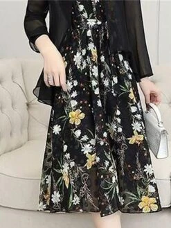 Women's Two Piece Dress Set Print Dress Outdoor Daily Modern Casual Lace Up Ruched Midi Dress V Neck Long Sleeve Floral Regular Fit Black Pink Blue Summer Spring M L XL XXL XXXL -Cheap Plus Fit Dress Store isctve1678430835604