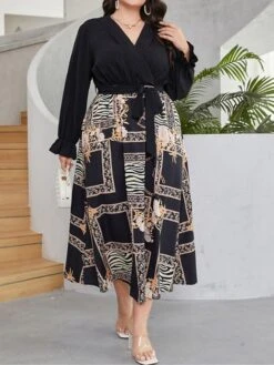 Women's Plus Size Prom Dress Party Dress Wedding Guest Dress Long Dress Maxi Dress Black Long Sleeve Floral Lace Up Fall Winter Autumn V Neck Fashion Winter Dress Evening Party Wedding Guest 2023 L -Cheap Plus Fit Dress Store isdsob1693535313646