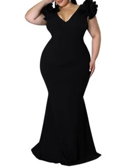 Women‘s Plus Size Curve Party Dress Solid Color V Neck Ruffle Short Sleeve Spring Summer Prom Dress Maxi Long Dress Party Back To School Dress Homecoming Dress -Cheap Plus Fit Dress Store isuuys1654063575986