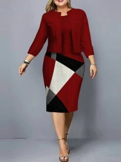 Women's Plus Size Curve Casual Dress Dress Set Two Piece Dress Geometric Plaid Midi Dress Long Sleeve Print Crew Neck Fashion Outdoor Black Pink Fall Winter L XL XXL 3XL 4XL