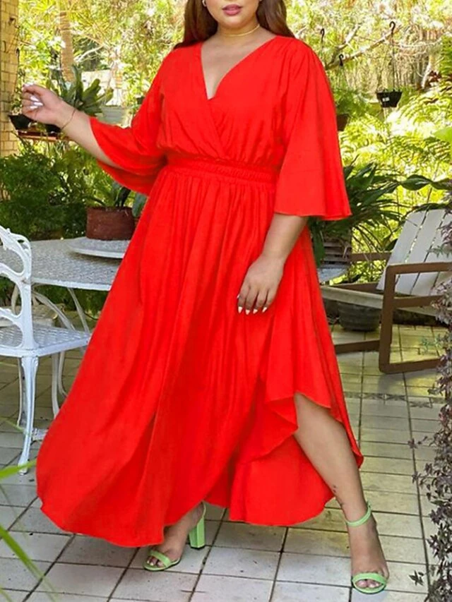 Women‘s Plus Size Curve Holiday Dress Solid Color V Neck Half Sleeve Fall Spring Basic Maxi Long Dress Date Vacation Dress 3 Women‘s Plus Size Curve Holiday Dress Solid Color V Neck Half Sleeve Fall Spring Basic Maxi Long Dress Date Vacation Dress - Image 3