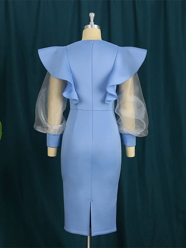 Women's Plus Size Curve Party Dress Work Dress Bodycon Plain Midi Dress Long Sleeve Ruffle Mesh Crew Neck Fashion Party Sky Blue Fall Winter XL XXL 3XL 4XL 5 Women's Plus Size Curve Party Dress Work Dress Bodycon Plain Midi Dress Long Sleeve Ruffle Mesh Crew Neck Fashion Party Sky Blue Fall Winter XL XXL 3XL 4XL - Image 5
