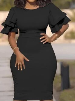 Women‘s Plus Size Curve Work Dress Bodycon Sheath Dress Solid Color Midi Dress Short Sleeve Ruffle Crew Neck Fashion Office Black White Summer Spring XL XXL 3XL 4XL 5XL -Cheap Plus Fit Dress Store iudcsj1677650844709