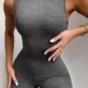 Women's Jumpsuit Solid Color Round Neck Casual Sports Outdoor School Slim Sleeveless Tank Black-short White-short Gray-short S M L All Seasons