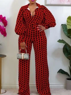 Women's Jumpsuit High Waist Print Print V Neck Streetwear Office Work Regular Fit Long Sleeve Yellow Red S M L Fall -Cheap Plus Fit Dress Store iufddq1695792142187