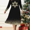 Women's Christmas Plus Size Curve Casual Dress Skater Dress A Line Dress Christmas Tree Snowflake Midi Dress Long Sleeve Print Crew Neck Fashion Outdoor Black Red Fall Winter L XL XXL 3XL 4XL