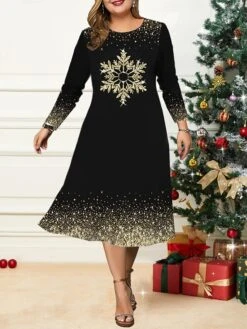 Women's Christmas Plus Size Curve Casual Dress Skater Dress A Line Dress Christmas Tree Snowflake Midi Dress Long Sleeve Print Crew Neck Fashion Outdoor Black Red Fall Winter L XL XXL 3XL 4XL