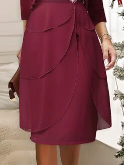 Women's Two Piece Dress Set Party Dress Lace Dress Party Office Fashion Elegant Lace Ruffle Midi Dress V Neck 3/4 Length Sleeve Plain Regular Fit Red Fall Winter S M L XL XXL -Cheap Plus Fit Dress Store iuimws1697167539069