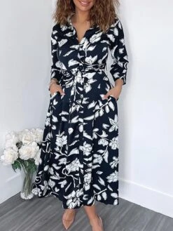 Women's Shirt Dress Casual Dress Midi Dress Outdoor Daily Vacation Polyester Fashion Modern Shirt Collar Button Pocket 3/4 Length Sleeve Summer Spring Fall 2023 Regular Fit Navy Blue Green Leaf Floral -Cheap Plus Fit Dress Store iuswia1689774110264