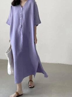 Women's Casual Dress Cotton Dress Cotton Blend Fashion Daily Holiday Vacation Weekend V Neck Baggy Side Split Short Sleeve Spring Autumn Purple S M L XL