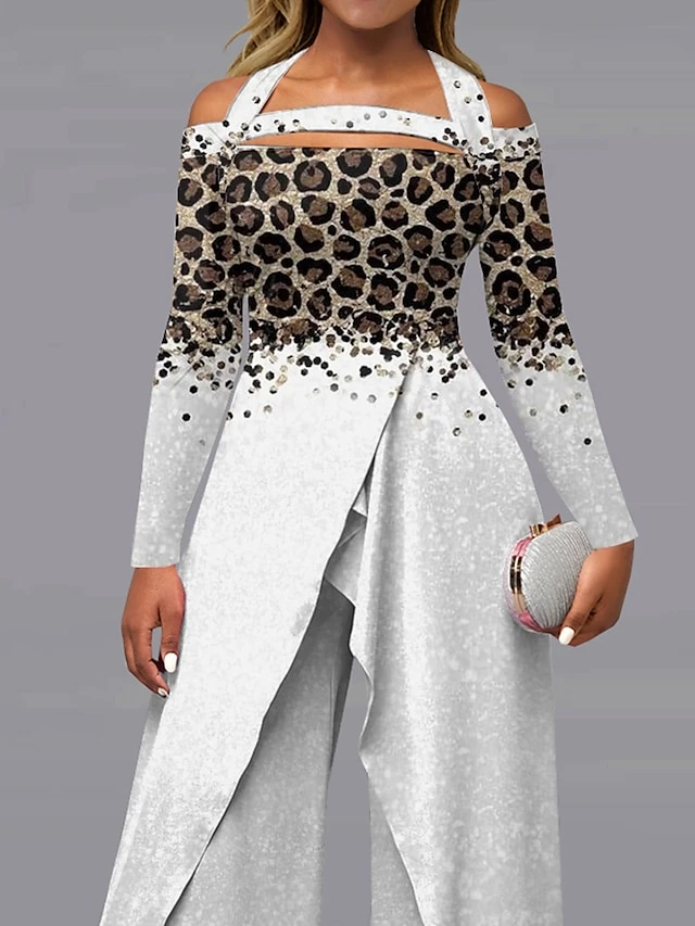 Women's Jumpsuit Print Leopard Off Shoulder Elegant Wedding Party Wide Leg Regular Fit Long Sleeve Silver S M L All Seasons 2 Women's Jumpsuit Print Leopard Off Shoulder Elegant Wedding Party Wide Leg Regular Fit Long Sleeve Silver S M L All Seasons - Image 2