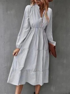Women's Casual Dress Cotton Linen Dress Swing Dress Midi Dress Polyester Fashion Modern Outdoor Daily Vacation Split Neck Ruffle Button Long Sleeve Fall Winter Autumn 2023 Regular Fit Light Green -Cheap Plus Fit Dress Store ivihuo1691462578553