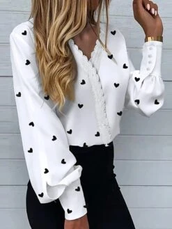 Women's Shirt Blouse Black White Pink Floral Heart Star Lace Button Lace Trims Long Sleeve Office Work Business Streetwear Casual V Neck Regular Fit Floral Spring Fall -Cheap Plus Fit Dress Store ivpuws1656999651857